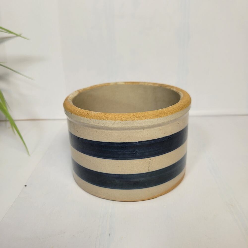 Vintage Stoneware Butter Crock Double Blue Bands, Farmhouse Kitchen Planter
